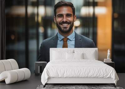 Smiling businessman wearing a suit and tie in an office building Wall mural