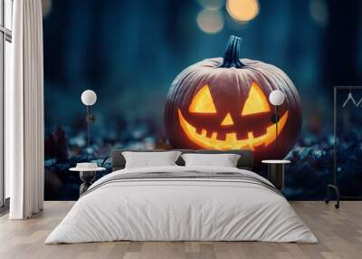 Smiling Jack o' lantern with glowing eyes in the dark forest. Halloween concept. Wall mural