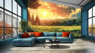 Sunset over idyllic field, mountains and house in rural landscape, beautiful summer evening Wall mural