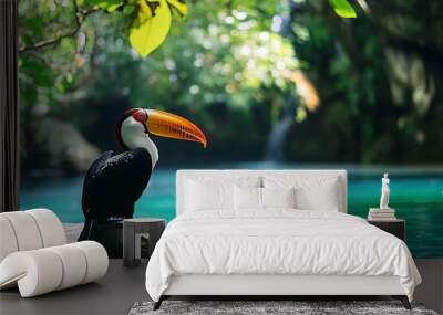 Toucan bird perched on a rock by a blue tropical pool Wall mural