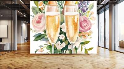 Two glasses of champagne with floral bouquet Wall mural