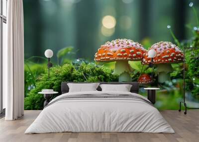 Two red and white mushrooms growing in moss with a blurry green forest background. Mushroom season in autumn forest. Wall mural