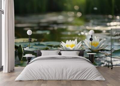 Two white water lilies blooming on a pond with green lily pads, nature background Wall mural