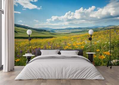 Vibrant Wildflower Meadow in a Mountain Valley Landscape Wall mural