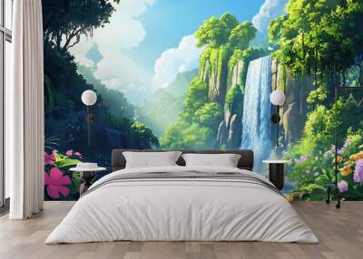 Waterfall in tropical forest with colorful flowers and blue sky. Illustration of nature scene Wall mural