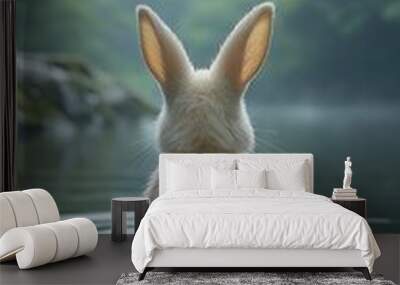 White bunny sitting in a lake with mountains in the background Wall mural