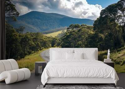 Winding asphalt road through lush green forest with mountains and cloudy blue sky in the background Wall mural