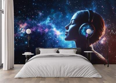 Woman listening to music with headphones against a starry space background. Concept of relaxation, meditation, escape and dreams Wall mural