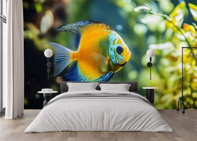 Yellow and blue angelfish swimming in an aquarium with green plants Wall mural