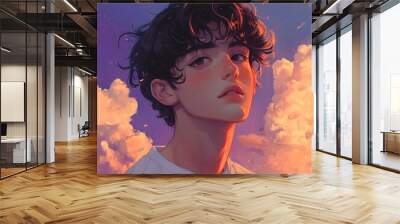 Young man portrait with dreamy sky background. Illustration of anime or manga style male character with curly hair and soft facial features Wall mural