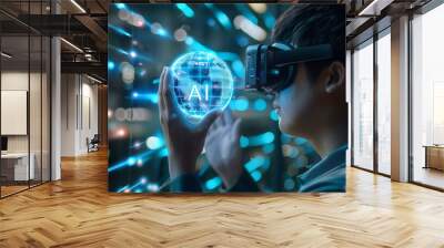 A person wearing VR headset interacts with a glowing globe with AI inscription. Futuristic technology and artificial intelligence concept. Wall mural