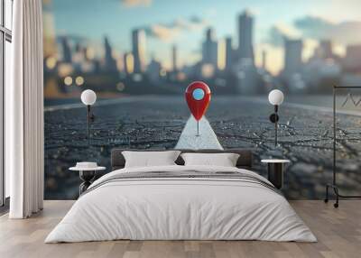 A red pin marker sits on a road leading towards a city skyline. The pin represents a destination or a goal. Wall mural