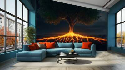 A tree with glowing roots emerging from the ground, set against a dark background. Wall mural