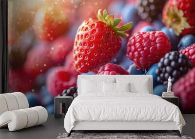 A vibrant mix of fresh berries, including strawberries, raspberries, blueberries, and blackberries, arranged in a close-up shot with a soft, glowing light. Wall mural