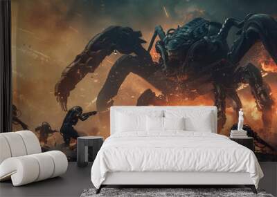 Apocalyptic showdown mechanical warriors fighting against alien forces.3D render Wall mural