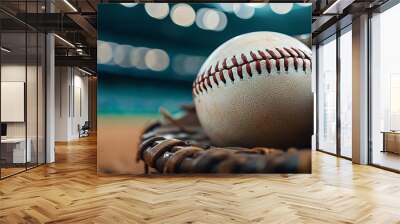 Baseball resting in a glove, captured with a soft focus and blurred background. Wall mural