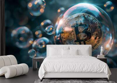 bitcoin floating in the air in a big bubble for risky investments or danger of crypto currencies trading and bubble crisis crash bear market as wide banner with copyspace area Wall mural