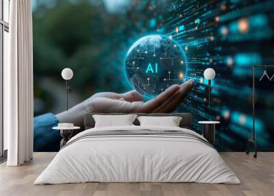 Businessman using virtual metaverse and future digital technology , Virtual Global Internet connection network with AI Artificial Intelligence digital Wall mural