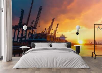 Cargo ship at sunset with cranes and colorful sky, reflecting in calm water. Wall mural