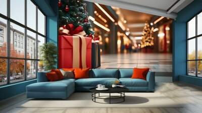 Christmas gifts beside a decorated tree in festive holiday setting. Wall mural