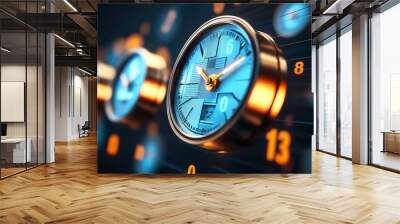 Close-up of modern clock with blue accents on dark background. Wall mural