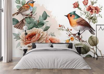 Collection watercolor flowers and bird in vintage style , Generate Ai Wall mural