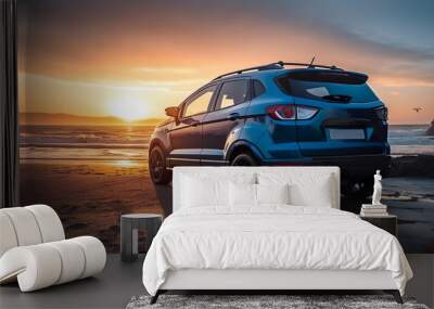 Compact SUV car and modern design on concrete road at the sea of beautiful sunset background , Front view of luxury new SUV car , Generate Ai Wall mural