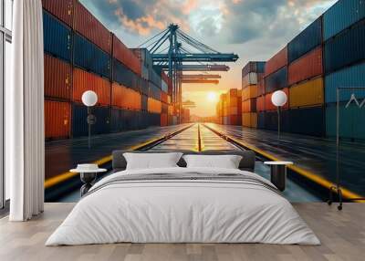 Containers at a shipping terminal during a stunning sunset. Wall mural