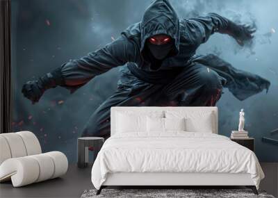 Cyborg ninja monk leaping, digital shurikens, wide dark banner with text space Wall mural