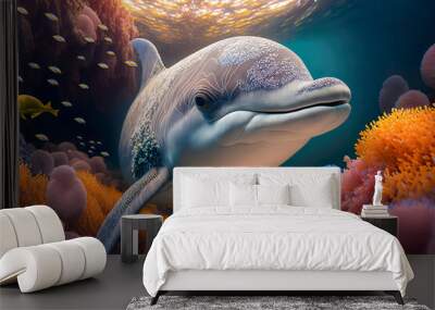 Dolphin swimming in the under sea , Beautiful Underwater and colorfull coral in wild nature of the Pacific Ocean , Generate Ai Wall mural