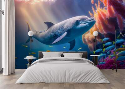 Dolphin swimming in the under sea , Beautiful Underwater and colorfull coral in wild nature of the Pacific Ocean , Generate Ai Wall mural