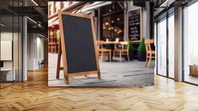 Empty blackboard sign mockup in front of a restaurant , Menu board with a street cafe or restaurant , Generative Ai Technology Wall mural