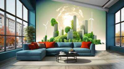 Energy consumption and CO2 gas emissions are increasing light bulb with green eco city , Renewable energy by 2050 Carbon neutral energy , Save energy creative idea concept , Generative Ai. Wall mural