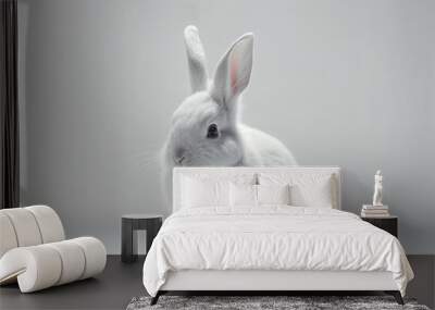 Front view of cute baby rabbits on white background , Little cute rabbits sitting with Lovely action on white, Generative Ai Wall mural