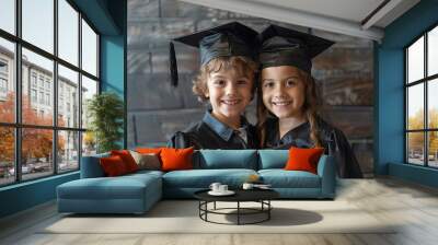 Graduating children in black, boy with certificate, girl smiling, wide text area, background clean Wall mural