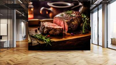 Grilled delicious steak on a wooden board , Juicy steak beef served with tomatoes and vegetables on a black wooden background , Created with Generative Ai Wall mural