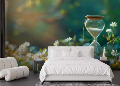 Hourglass in front of a nature background spring and vacation atmosphere time passing environmental issues responsible environmental dates Ecological concept a big copy space Wall mural