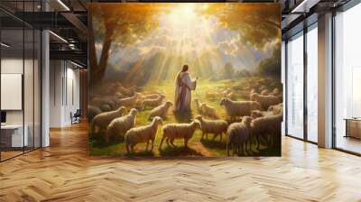 Image of Shepherd Jesus Christ leading the sheep and praying to God , Created with Generative Ai Technology Wall mural