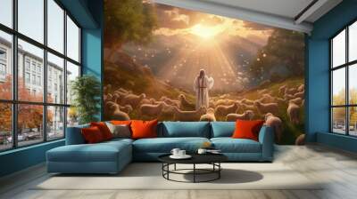 Image of Shepherd Jesus Christ leading the sheep and praying to God , Created with Generative Ai Technology Wall mural