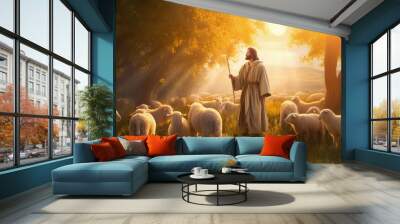 Image of Shepherd Jesus Christ leading the sheep and praying to God , Created with Generative Ai Technology Wall mural