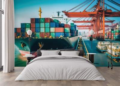 Industrial port with Logistics and transportation of International Container Cargo ship , commercial dock, harbor, cargo container , shipping , Created with Generative Ai Technology Wall mural