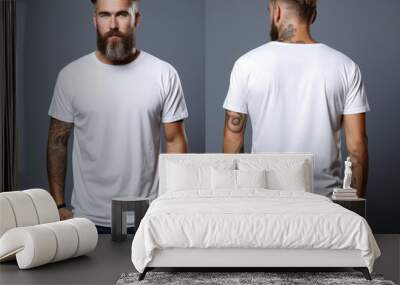 Mockup of a front and back views of young man in a white t-shirt on a white background Wall mural