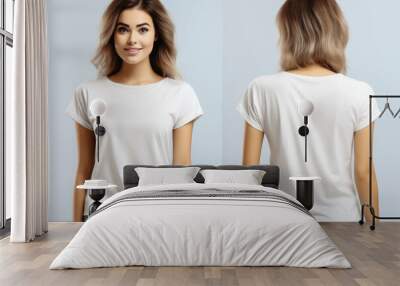 Mockup of a front and back views of young woman in a white t-shirt on a white background Wall mural