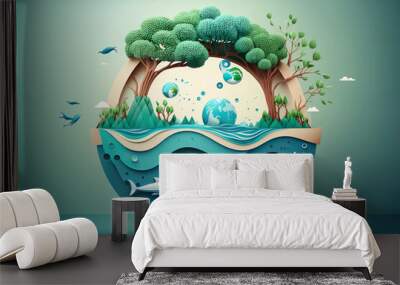 Paper art , Ecology and world water day , Saving water and world Environment day, environmental protection and save earth water , Generate Ai Wall mural