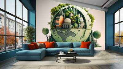 paper art , Green planet Earth of sphere futuristic , Crystal Earth planet green forest city , Created with generative AI Wall mural