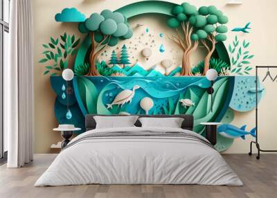 Paper art , Saving water and world Environment day , Ecology and world water day , environmental protection and save earth water , Generate Ai Wall mural