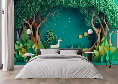 Paper cut art , Green forest and deers wildlife with nature background , ecology and environment conservation concept , Created with Generative Ai Technology Wall mural