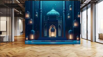 Ramadan Kareem Month , Mosque and lantern with burning candle glowing light at night , Created with generative AI Wall mural