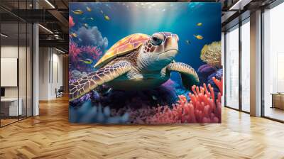 Sea turtle swimming in the under sea , Beautiful Underwater and colorfull coral in wild nature of the Pacific Ocean , Generate Ai Wall mural