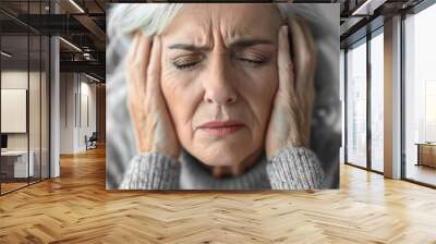 Senior woman with migraine headache isolated on white background, feeling stressed, sick, tired Wall mural